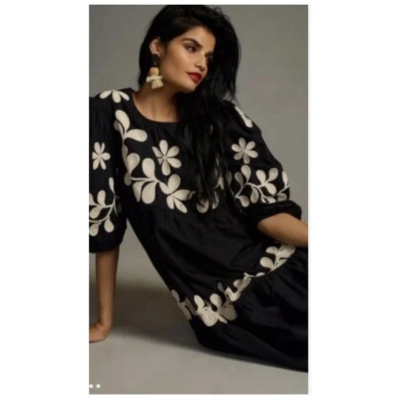 Anthropologie Embroidered Puff Sleeve Dress Floral Cotton Black Ivory XL Worn 1X - Picture 2 of 11